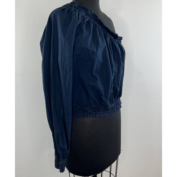 Free People Navy Blue Long Sleeve Women's Cotton One Shoulder Blouse Top Size L - Picture 2 of 8